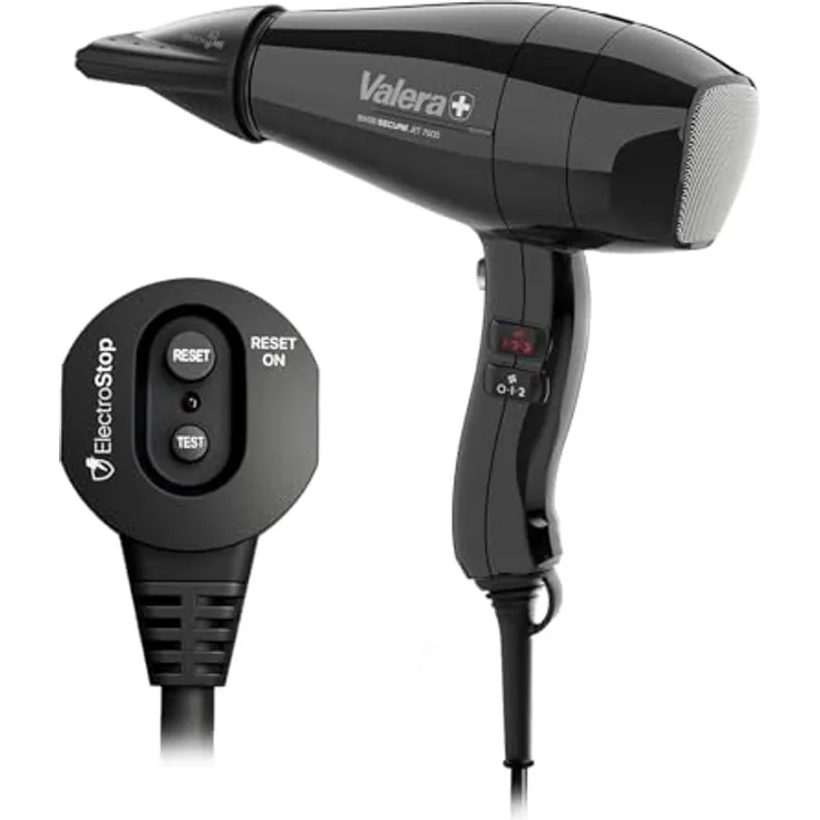 Valera Swiss Secure Jet 7600 professioneller Haartrockner mit Fehlerstromschutzschalter, PM-Pro Motor, Ionen-Generator, 3 Temperaturstufen, 2000 W, schwarz