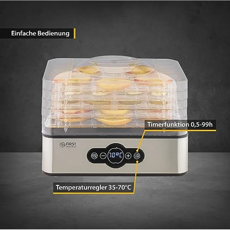 TZS First Austria Dörrautomat | Dörrgerät für Obst, Kräuter, Pilze & Fleisch | digital mit Timer & Temperaturregler 35-70°C | 5 Etagen, Einlageböden aus Kunststoff BPA frei, Dörrapparat mit Zeitschaltuhr – Bild 4