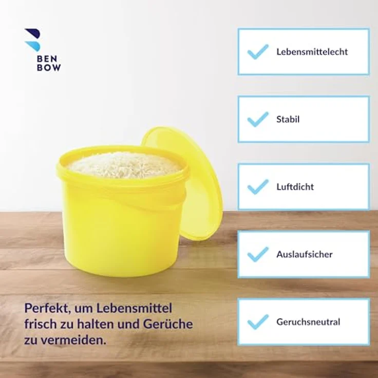 BenBow Eimer mit Deckel und Griff, 10L, luftdicht, lebensmittelecht, BRC-zertifiziert, auslaufsicher, gelb – Bild 3