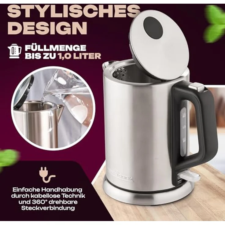 ProfiCook PC-WKS 1106 Edelstahl-Wasserkocher, 1 Liter, maximal 1850-2200 Watt, Wasserstandsanzeige, inox – Bild 2