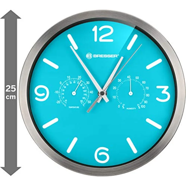 Bresser Funkuhr Wanduhr MyTime ND Thermo-Hygro mit geräuschlosem Funkuhrwerk, Edelstahlrahmen und Anzeige für Temperatur und Luftfeuchtigkeit, hellblau, 250 x 250 mm – Bild 3