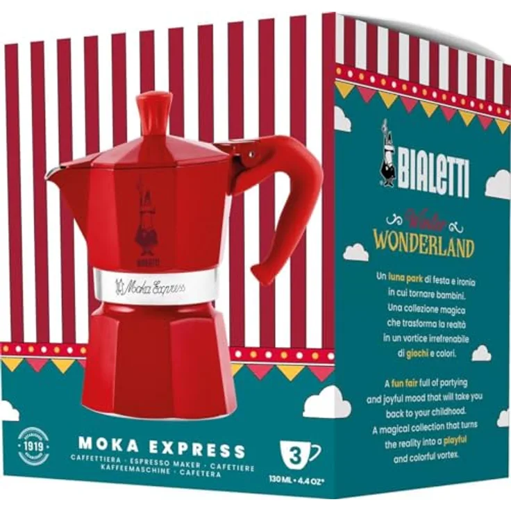Bialetti MOKA EXPRESS 3TZ, limitierter Espressokocher Winter Wonderland in Rot für 3 Tassen