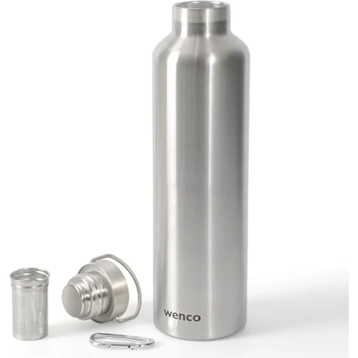 wenco Edelstahl Trinkflasche 1l, isoliert und auslaufsicher für kalte und heiße Getränke, mit Teesieb, BPA-frei, silber