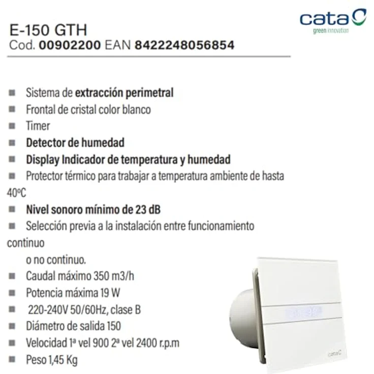 Ventilator Lüfter Badlüfter CATA E-100 GTH Timer - Nachlauf - Hygro - Feuchtesteuerung Feuchtesensor LED – Display Glasfront stark 115 m³-h - sehr leise 31 dB - energiesparend 8W - Kugellager - 2 Stufen - inkl. Dauerlauf – Bild 3