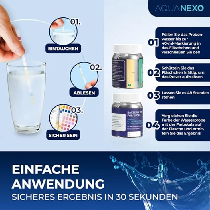 Aquanexo 125 Wassertester Trinkwasser Teststreifen 17-in-1 + 2 Bakterientests + Pipette + Reagenzglas, Wasserfilter in 16-in-1 Werten, Blau – Bild 4