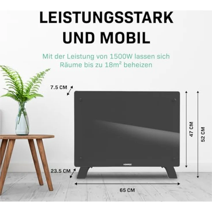 VONROC Elektroheizung, Konvektor-Heizung - elektrische Heizung bis 24m2 - LED Anzeige, leise, 2 Stufen 1000W & 2000W, Manuelle/App Steuerung - grau – Bild 4
