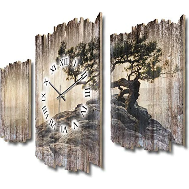 Kreative Feder Einsamer Baum Natur Beige Shabby chic Landhaus Dreiteilige Designer Funk Wanduhr leise Funkuhr ohne Ticken 95 x 60 cm aus MDF-Holz DTWH017FL (leises Funkuhrwerk) – Bild 1