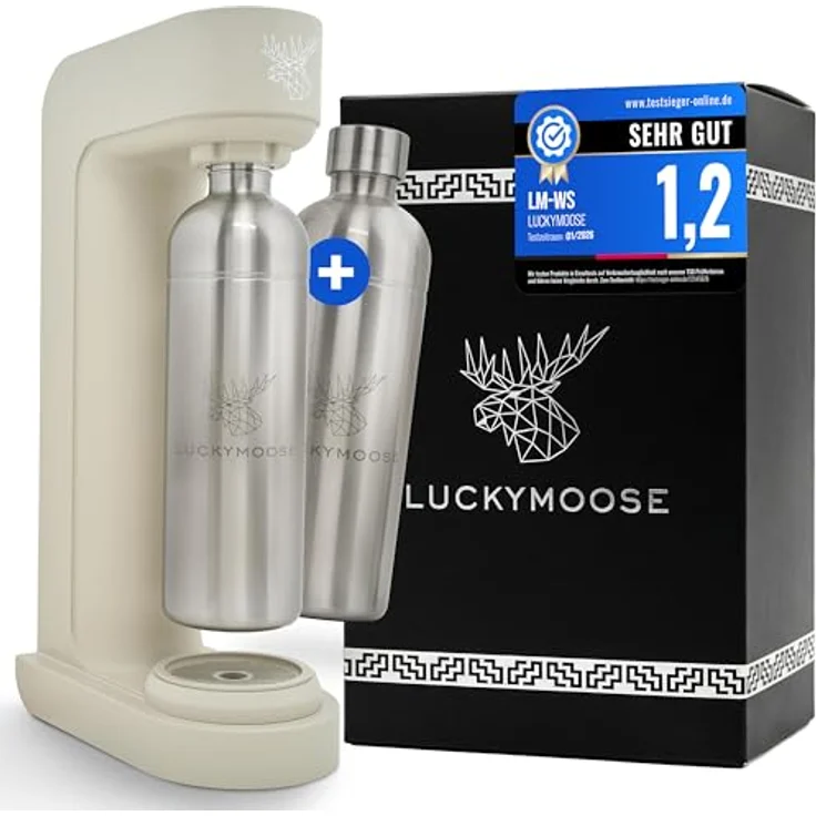 Luckymoose Infinity Wassersprudler, CO₂-sparende Sprudelwasser Maschine mit 2x 1,25L Edelstahlflaschen – kompatibel mit blauen 60l CO₂-Zylindern – Bild 1