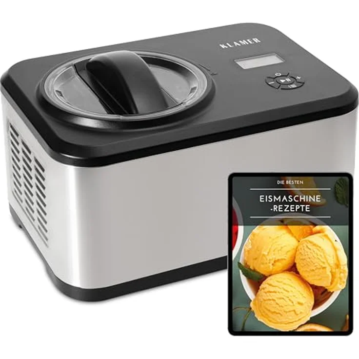 KLAMER Eismaschine 1,5L, 120 W Edelstahl Eiscrememaschine mit Kühlfunktion, selbstkühlender Kompressor – Bild 1