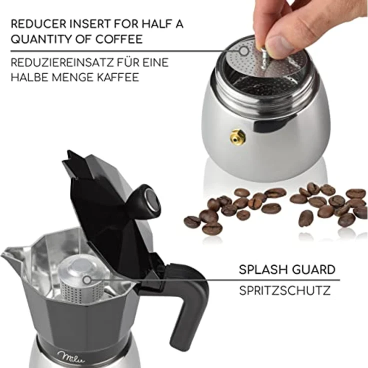Milu Espressokocher Induktion geeignet, Aluminium Mokkakanne für 9 Tassen (400ml) mit Edelstahl, Set inkl. Löffel und Bürste, Schwarz – Bild 3