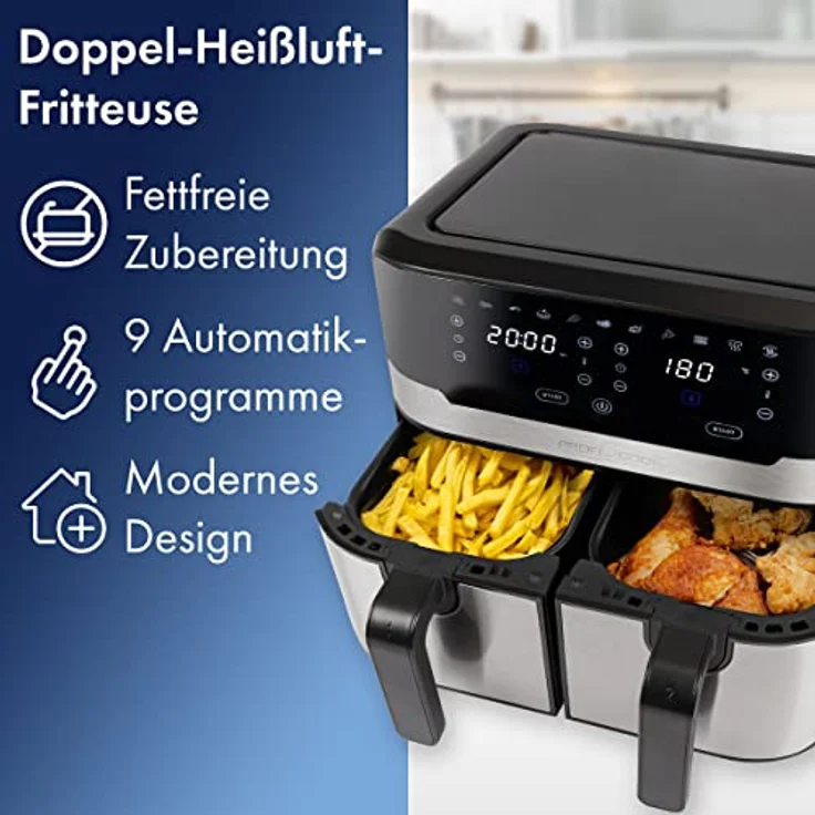 ProfiCook® Doppel-Heißluftfritteuse 9 Liter, XXL Heißluftfritteuse Doppelkammer, Frittieren mit heißer Luft ohne zusätzliches Öl, 9 Programme, Air Fryer mit Touchscreen, PC-FR 1242 H, 2400W – Bild 5