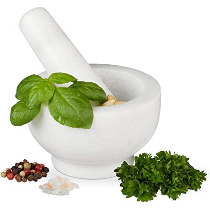 Relaxdays Marmor Mörser mit Stößel, robust & langlebig, Gewürze, Kräuter, polierter Steinmörser, Ø 10 cm, V 120 ml, weiß – Bild 2