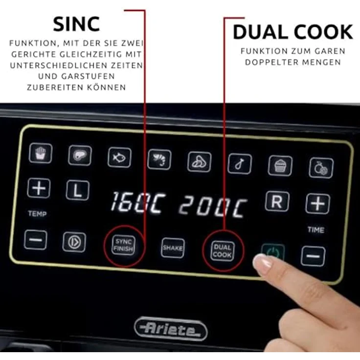 Ariete 4623 Airy Fryer Dual, Luftfritteuse mit Doppelkorb, 1700 W, 8 l Fassungsvermögen, digitales LED-Touch-Panel, 8 Programme, Timer, 2 Körbe, schwarz – Bild 3