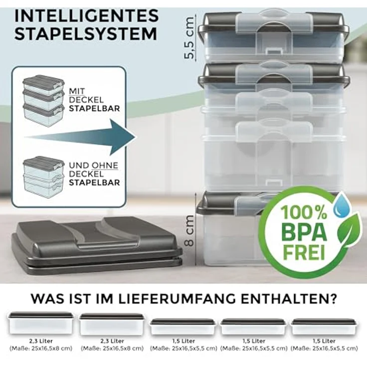 Hausfelder Aufschnittdosen für Kühlschrank, Wurst Aufbewahrung mit Deckel, BPA-frei, stapelbar, spülmaschinengeeignet, Anthrazit, 10-teilig – Bild 4