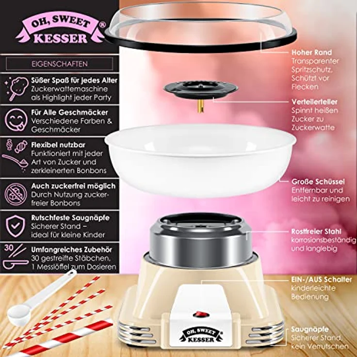 KESSER® Zuckerwattemaschine Set für Dein zuhause - Mit 30x Zuckerwatte Stäbchen & Messlöffel - Retro Cotton Candy Maschine - Zuckerwatte Maschine Mit Zubehör - Höhe 22 cm - 500 W Creme Weiß – Bild 2