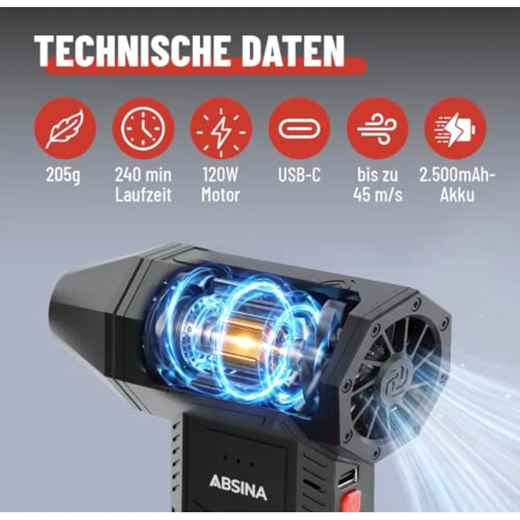 ABSINA Druckluft Staubgebläse, wiederaufladbar mit 110.000 U/min, 4 Düsen, kabelloses Akku Gebläse, 120W Motor, leicht und kompakt – Bild 4