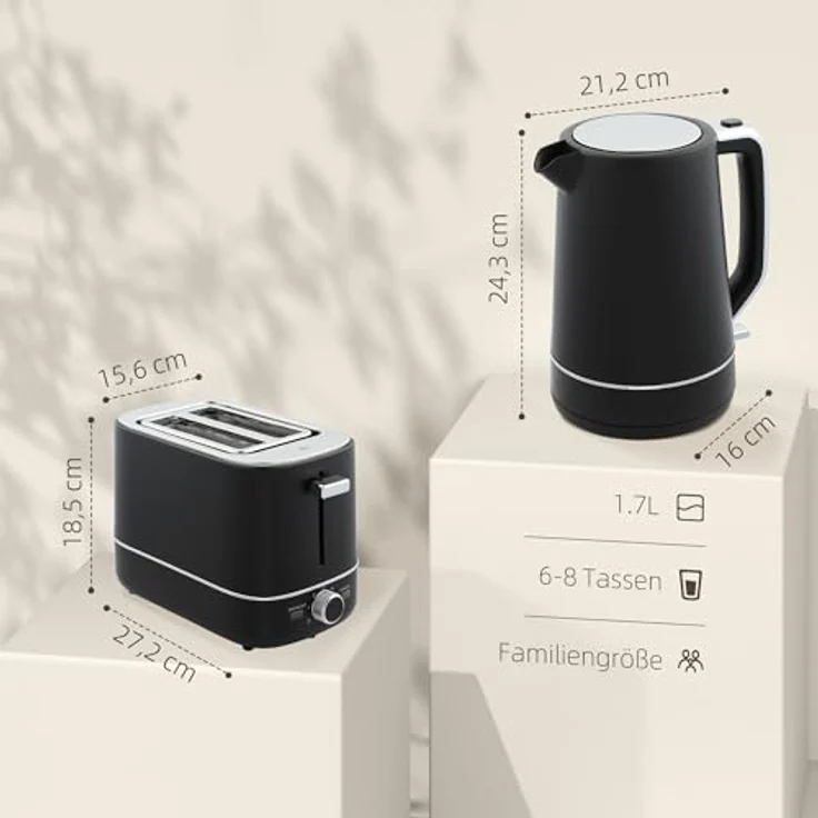 HOMCOM Toaster Wasserkocher Set 2200 W 1,7L Schwarz, mit Aufwärm- und Auftaufunktion, Kalkfilter – Bild 5