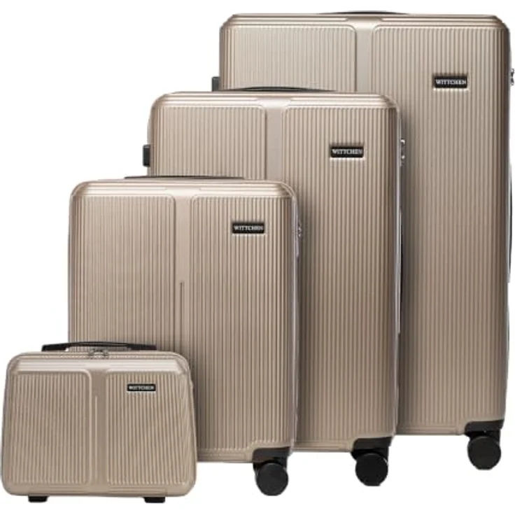 WITTCHEN Stripes Line Kofferset, Hartschalenkoffer ABS mit Kosmetiktasche, 4 Doppelrollen, Teleskopgriff, Zahlenschloss, Gold, Set S + M + L + XL – Bild 1