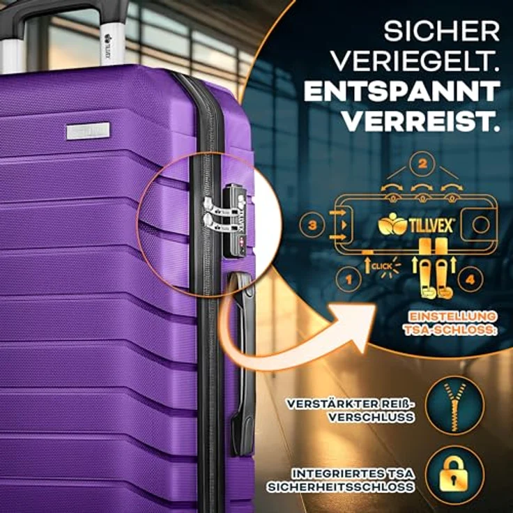 tillvex® Reisekoffer Set 4-TLG. Hartschalenkoffer S-M-L-XL mit Gepäckwaage, 8 Koffergurten, 4 Kofferanhängern, TSA Schloss, lila – Bild 4