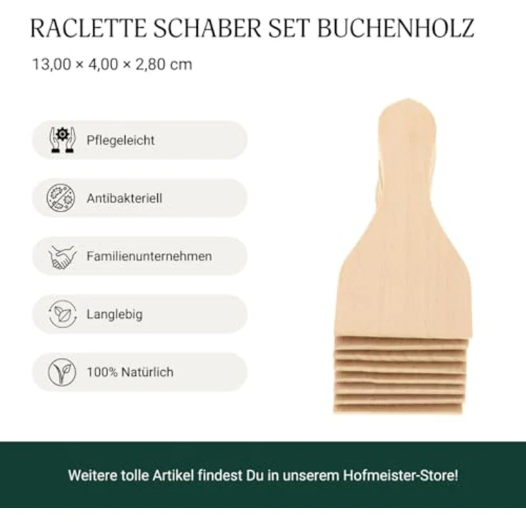 Hofmeister Holzwaren 8x Raclette-Schaber aus Holz, 13 cm, hitzebeständig, schont beschichtete Pfännchen, stabiles Zubehör, Buche – Bild 3