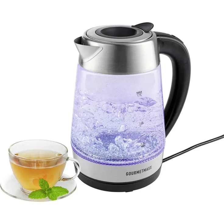 GourmetMaxx Glas-Wasserkocher, 1.7l mit 1850–2200 Watt, drehbare 360° Basis, LED Beleuchtung, schwarz und Edelstahl