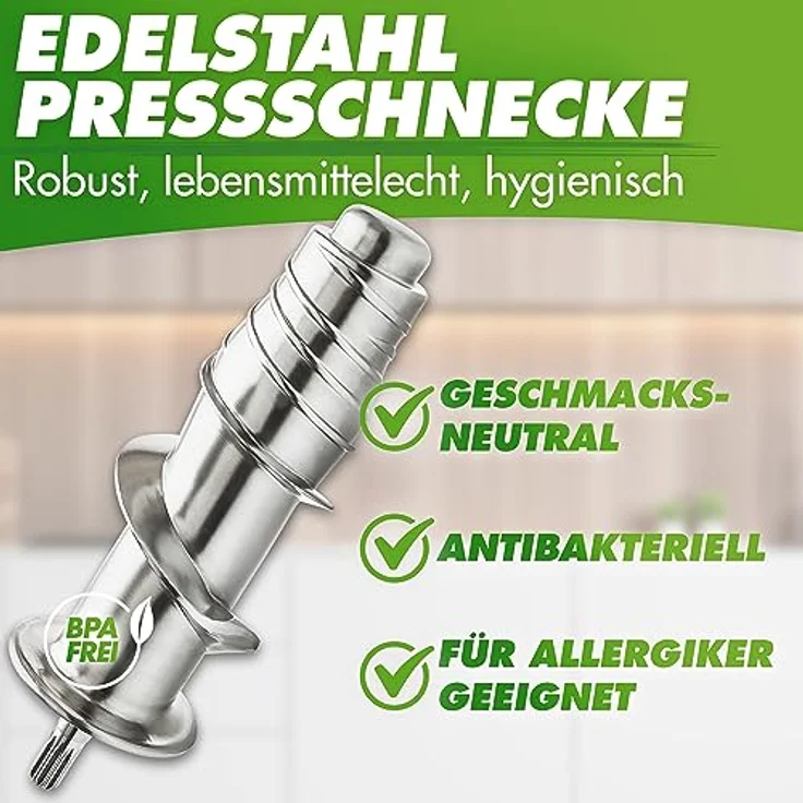Nutrilovers GREEN-PRESS EDELSTAHL Slow Juicer, 304 Edelstahl, BPA-frei, elektrisch, Hochleistungsentsafter für ganze Früchte, Sellerie und Blattgemüse, Testsieger 2023, spülmaschinenfest – Bild 2
