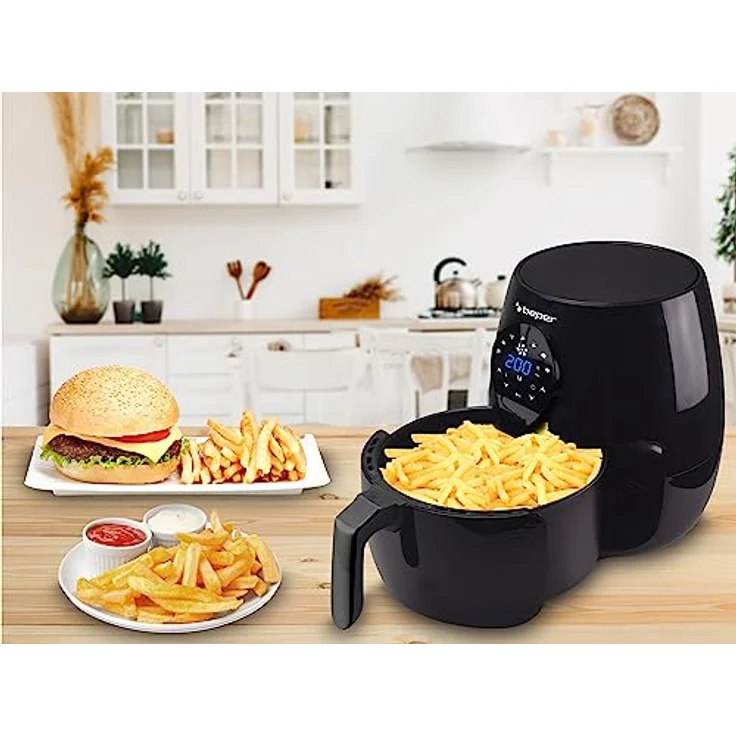 Beper P101FRI050 Heißluftfritteuse, 1450 Watt, 5 Liter, Thermostat bis 200 °C, Timer, Display, Kunststoff, schwarz – Bild 9
