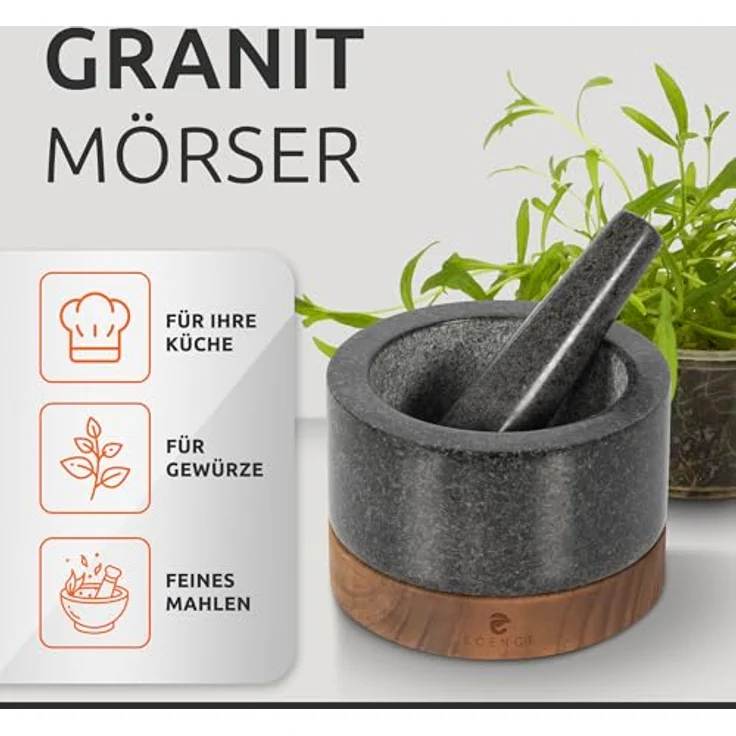 ECENCE Granitmörser mit Stößel aus Akazienholz Ø11cm, Küchenmörser für optimales Mahl-Ergebnis, naturbelassenes Design – Bild 2