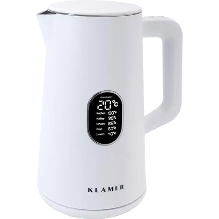 KLAMER Wasserkocher Edelstahl 1,5L 1800W elektrischer Wasserkocher weiß mit Temperatureinstellung zwischen 40-100°C, Teekocher BPA-frei
