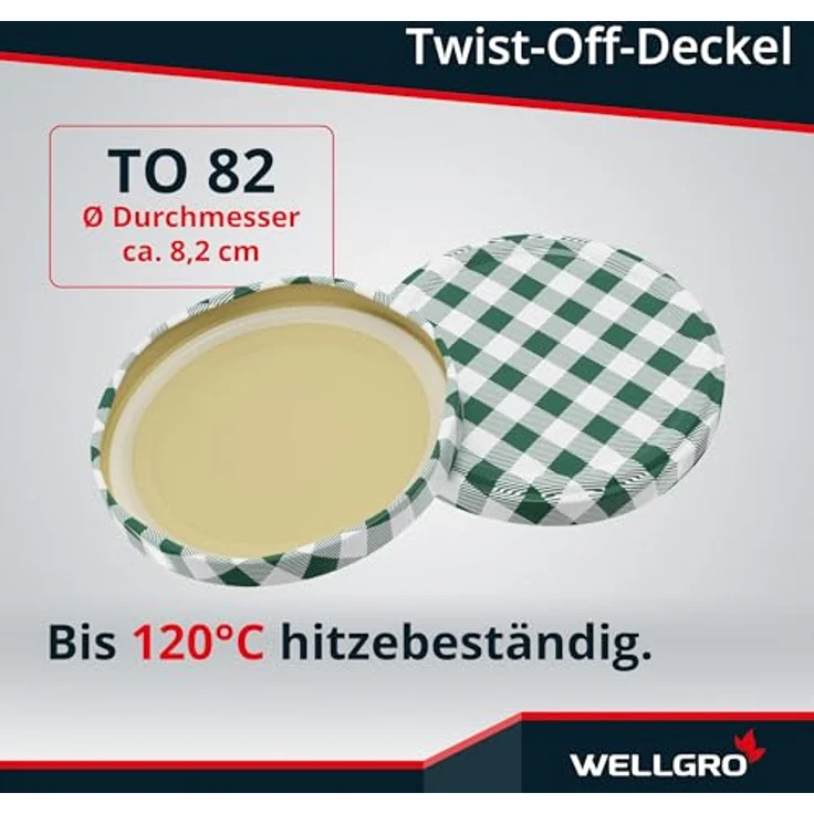 WELLGRO 6x Einmachgläser mit Schraubdeckel, 235ml, Deckel To 82 grün kariert, Made in Germany, Vorratsgläser, Gärglas, Dessertgläser – Bild 3