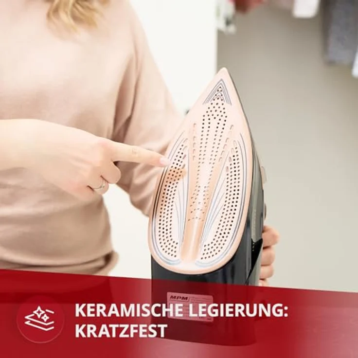 MPM Bügeleisen mit Keramiksohle MZE-24/C - 190g Dampfstoß - Kontinuierlicher Dampf - Vertikale Dampffunktion - Auto Shut-Off - 3000W - 300ml Wassertank - Schwarz – Bild 4