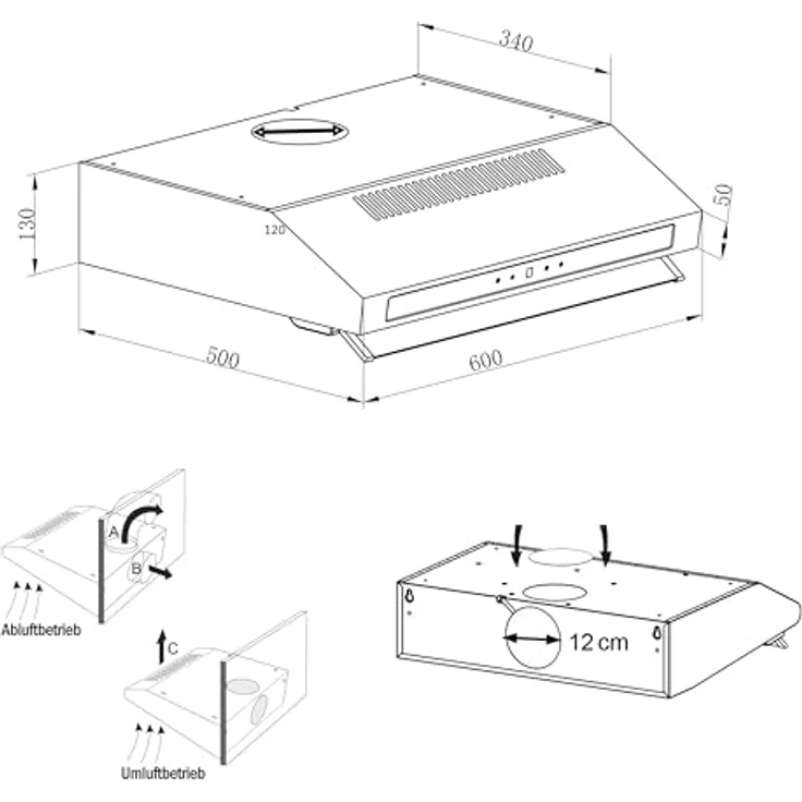 Doppelmotor Design Unterbau-Dunstabzugshaube NEG15-TDLS+ (Edelstahl, silber), Glas-Front mit Sensor Touch, 384 m³/h Umwälzleistung, Nachlauffunktion, Abluft und Umluftbetrieb – Bild 4