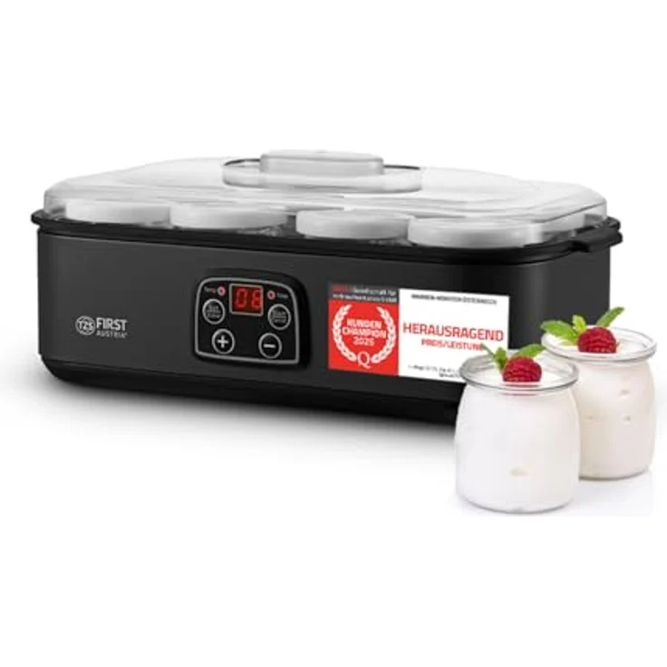 TZS FIRST AUSTRIA Joghurtbereiter, 8 Glasbehälter à 180 ml, LED-Display, Temperaturregelung 20–55 °C, 48h-Timer, Abschaltautomatik – Bild 1