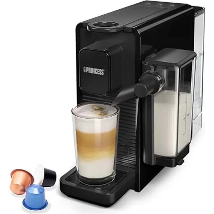 PRINCESS 249455 Capsule and Latte Pro, Kapselmaschine mit 20 bar Pumpe, kompatibel mit Nespresso-Kapseln, automatischem Milchsystem und 0,8L Wassertank