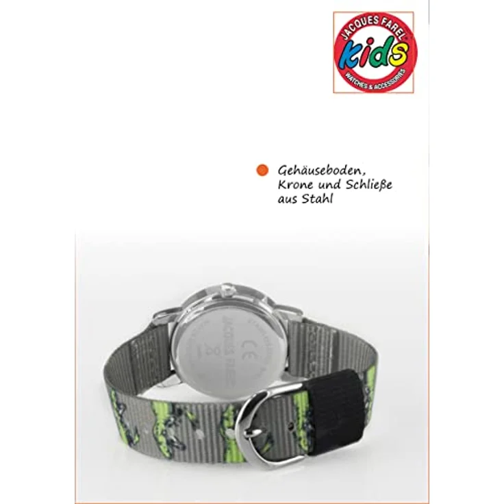  JACQUES FAREL Kinder-Armbanduhr Lernuhr Jungen Analog Quarz mit Stoffband Textilband Dinosaurier T-Rex Grau Schwarz Grün IPS 28mm KPS 605 – Bild 5