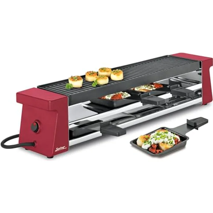 Spring Raclette 4 Personen COMPACT, rot, Tischgrill elektrisch, Antihaftbeschichtete Alu-Grillplatte, 4 Raclette Pfännchen & Spatel, Abstellebene, 54,0×10,5×11,5cm, 650W, Raclette Grill - Preisvergleich