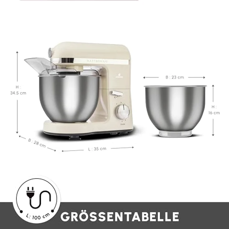 Karaca Mastermaid Chef Pro Double Armed Küche Koch 1500W Soft Cream, Glänzend Cream, 1500W, 5 L Mixer, Food Processor, Geschwindigkeitseinstellung, Knethaken, Verquirlen, Kneten und Mischen – Bild 3