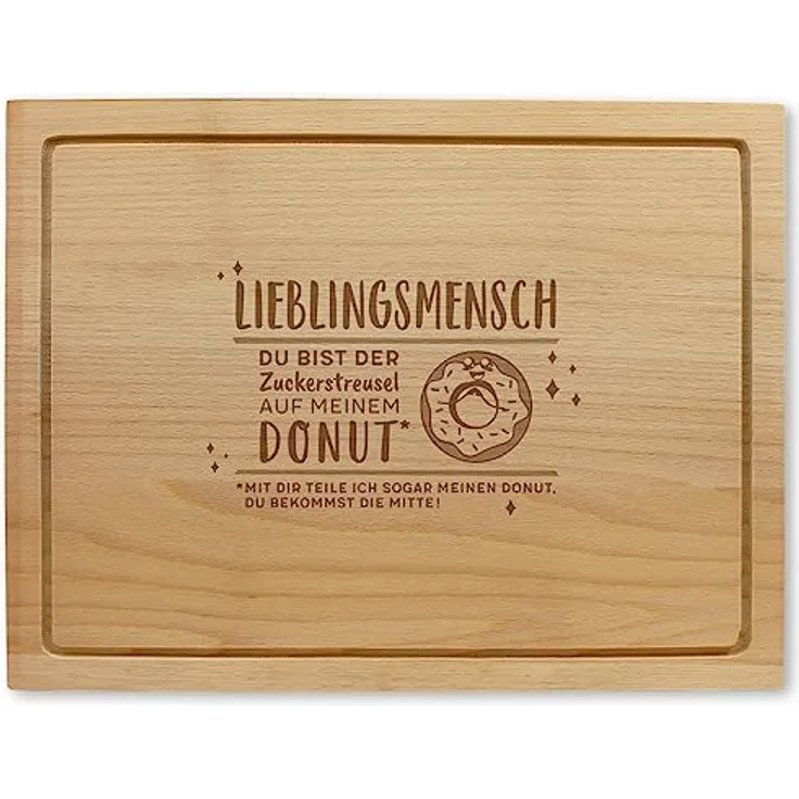 Holzschneidebrett mit Gravur - "Lieblingsmensch, Zuckerstreusel, Donut", ca. 40 x 30 x 2 cm, Made in Austria, Nachhaltige Geschenkidee