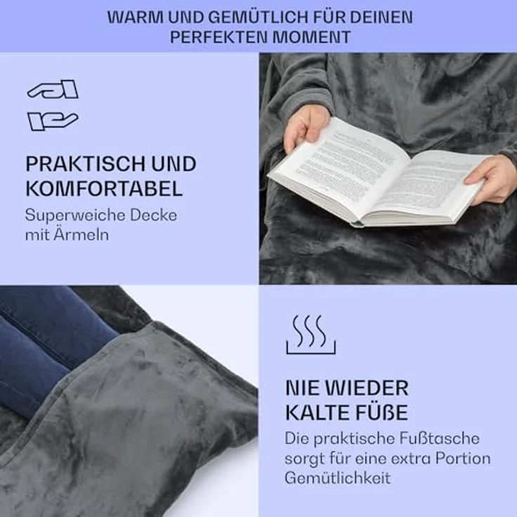 Klarstein Slanket Wärmedecke, Heizdecke mit Abschaltautomatik, Weiche Kuscheldecke mit Ärmeln, 155x180cm Tragbare Decke mit Ärmel zum Anziehen, 3 Stufen, Weicher Fleece-Kuschelanzug für Erwachsene – Bild 4