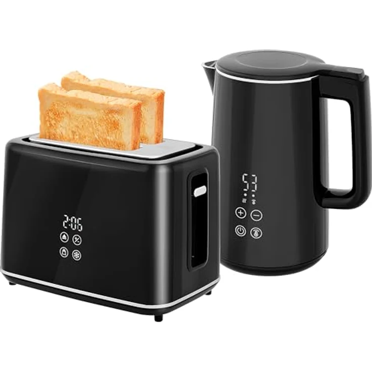 HOMCOM Toaster und Wasserkocher Set, 1,5L Wasserkocher mit 2200W und 7 Temperatureinstellungen, Toaster für 2 Scheiben mit 7 Bräunungsstufen, Schwarz/Silber – Bild 1