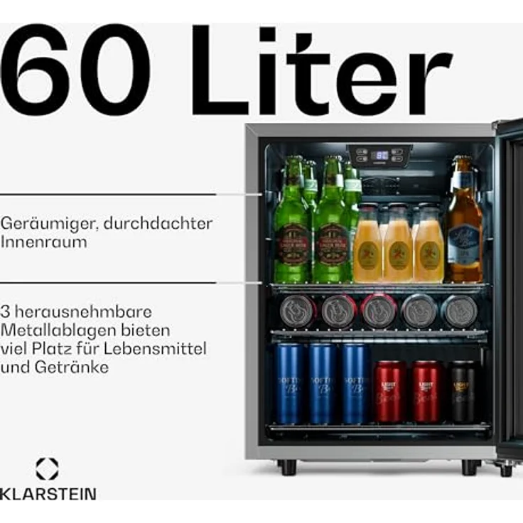 Klarstein LuxeChill Getränkekühlschrank, 60L Kapazität, Temperaturrange 0-10°C, freistehend, schwarz, IPX4 spritzwassergeschützt – Bild 2