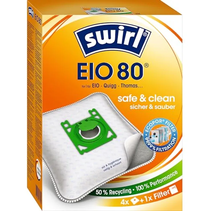 Swirl EIO80 AirSpace Staubsaugerbeutel, MicroPor® Plus Anti-Allergen-Filter, 4 Stück, ressourcenschonend und recyclingfähig