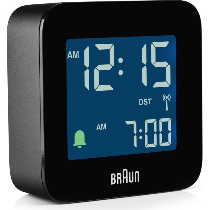 Braun BC08B-DCF, Funkreisewecker mit invertiertem LC-Display, Schwarz, Snooze-Funktion, weltweiter Funkempfang, 12/24 Stunden-Modus