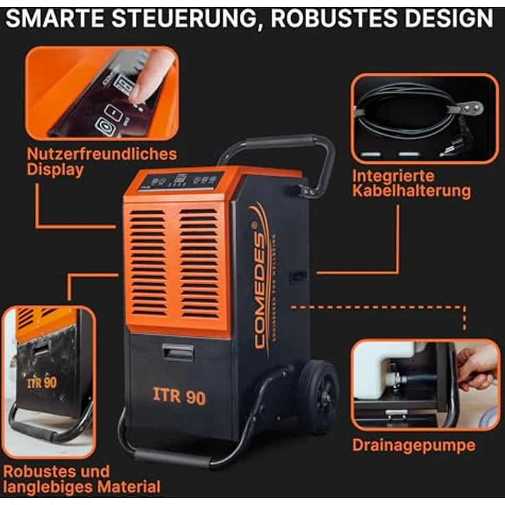 Comedes Bautrockner Luftentfeuchter ITR 90 mit 90 Liter/24h und Drainagepumpe, für Räume und Keller bis 150m²/345m³, Metallgehäuse – Bild 4