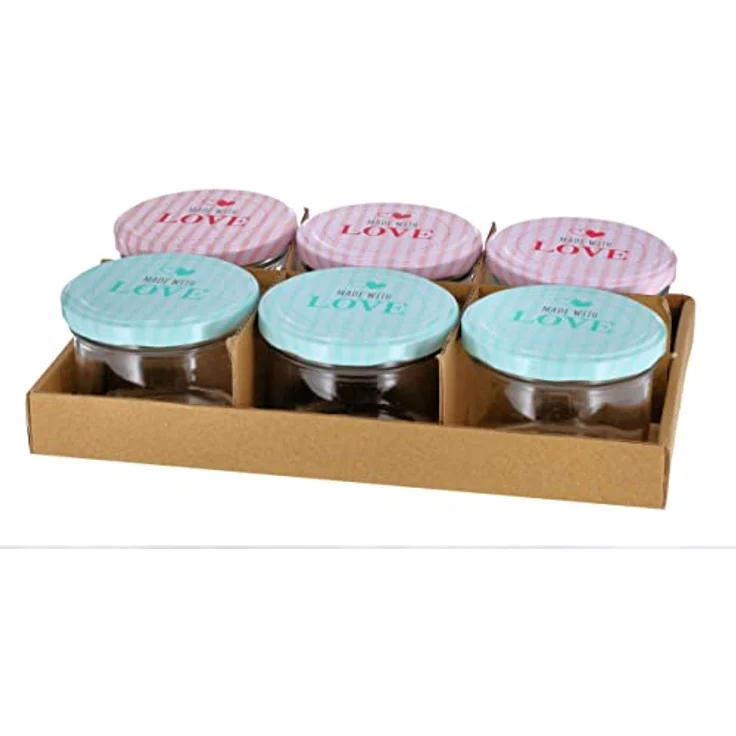 Spetebo Marmeladenglas 6er Set mit bedrucktem Metall Deckel, rosa und grün, 230 ml, spülmaschinengeeignet – Bild 2