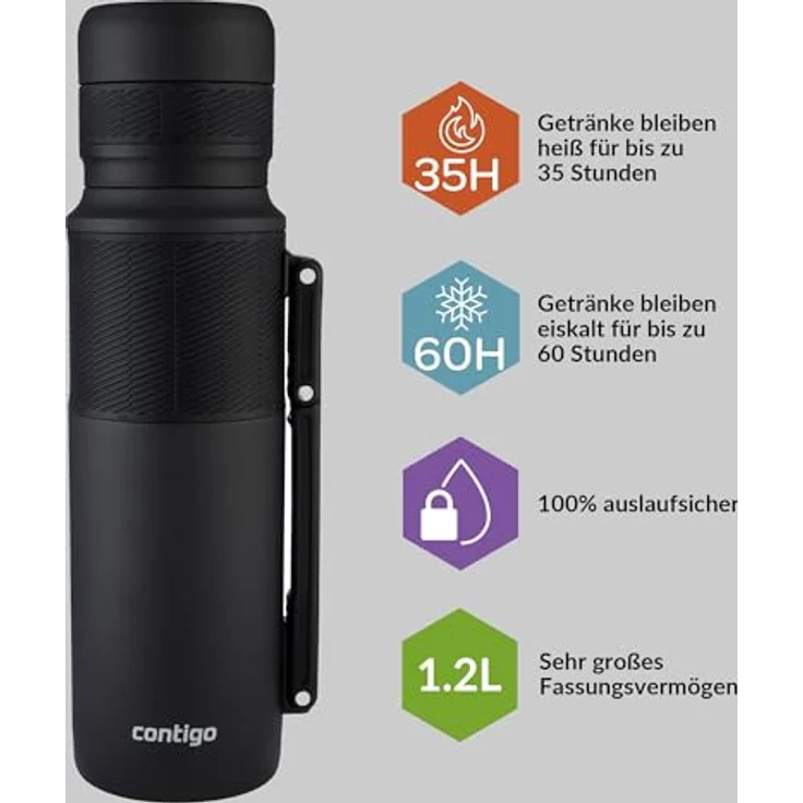 Contigo Thermoflasche Thermalock, Edelstahl Isolierbecher, Kaffebecher to go, auslaufsicher, spülmaschinenfester Deckel BPA-frei, mit Griff, 1200 ml – Bild 3