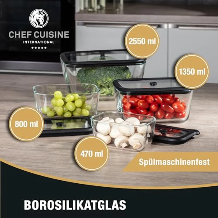 Chef Cuisine International Vakuum Starter-Set Basic, 8-tlg., Glas mit Deckel und Pumpe, länger frisch haltend, wiederaufladbar, nachhaltige Aufbewahrung, vielseitig, spülmaschinengeeignet – Bild 3