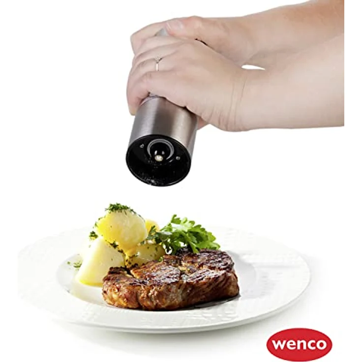 wenco premium Salz-/Pfeffermühle Set 2-teilig zum Mahlen von trockenen Gewürzen, Keramikmahlwerk, Rostfreier Edelstahl, Silber/Transparent – Bild 4