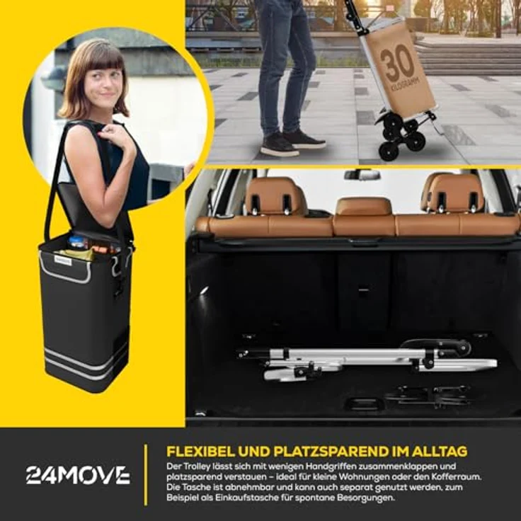 24MOVE® Einkaufstrolley Alegre, klappbar mit 55L Fassungsvermögen, integriertes Kühlfach, faltbarer 3in1 Trolley - Sackkarre und Tasche, bis 30kg belastbar, schwarz – Bild 5