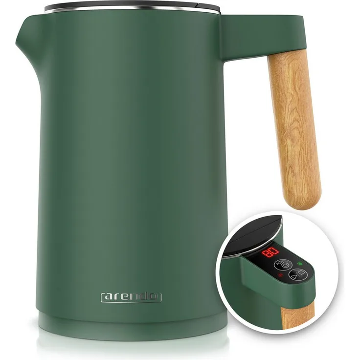 Arendo Wasserkocher Edelstahl WOOD STYLE, Temperatureinstellung 40° - 100 °C, 1,5 l, 2200 W, Warmhaltefunktion, Doppelwand, 360° Basis, BPA-frei
